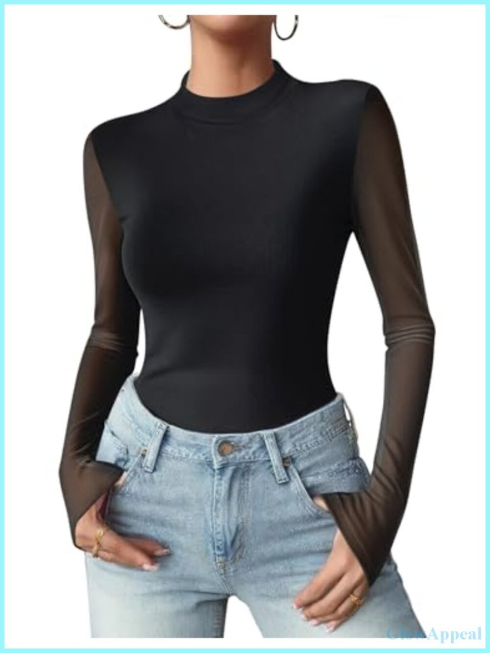 Women Floral Mesh Mock Neck Long Sleeve See Through Blouse